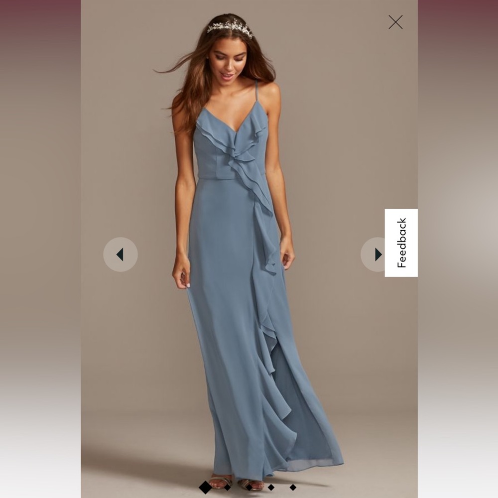 David’s Bridal Rruffle spaghetti-strap chiffon dress with slit SLATE BLUE - Picture 1 of 4